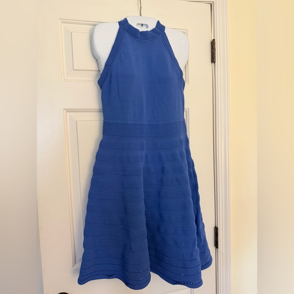 Vince Camuto Blue Fit & Flare Knit Dress Sleeveless Halter Neck Size M